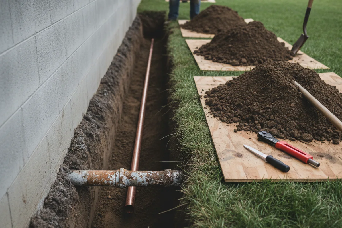 Excavated water line trench during Water Heater Repair in Matawan